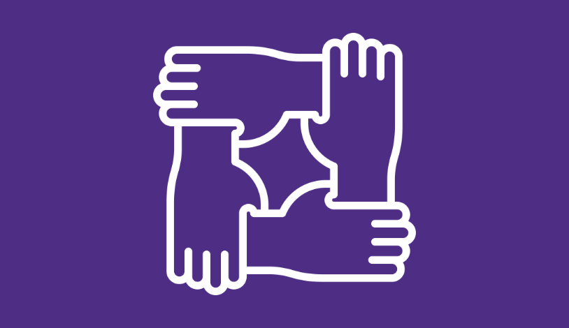 White icon of four hands holding on to one another on a Northwestern purple background.