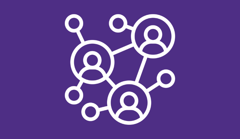 White icon of an abstract network of people on a Northwestern purple background.