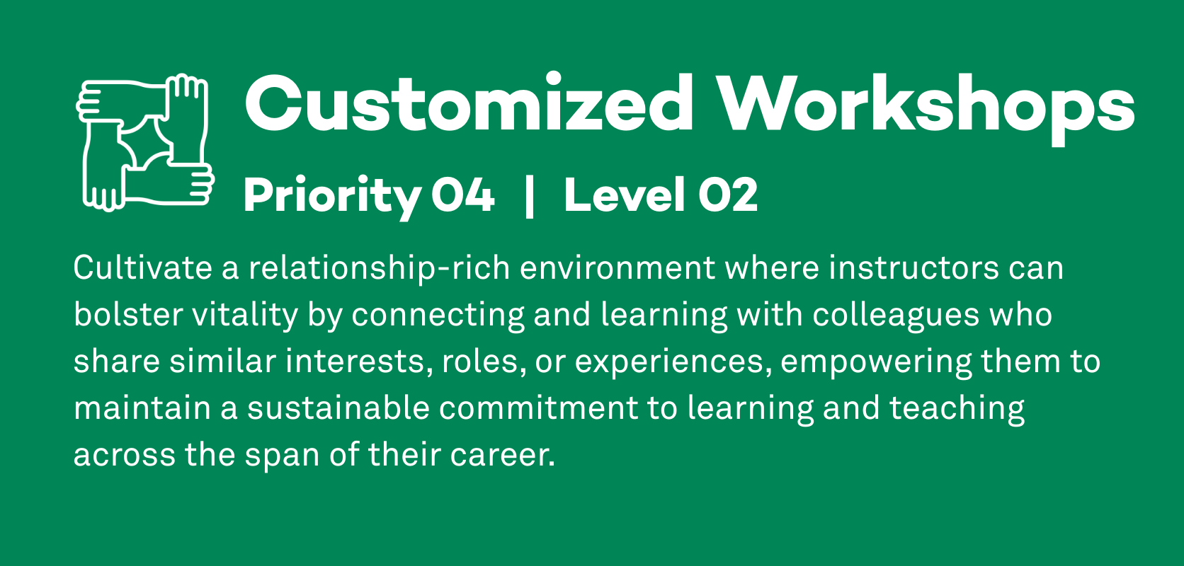 Customized Workshops: Priority 4, Level 2. Cultivate a relationship-rich environment where instructors can bolster vitality by connecting and learning with colleagues who share similar interests, roles, or experiences, empowering them to maintain a sustainable commitment to learning and teaching across the span of their career.