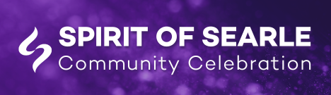 Spirit of Searle Community Celebration in white text on a purple background with cascading sparkles.