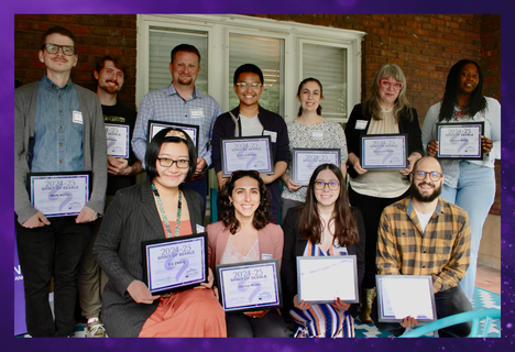 Photograph of the 2025 Spirit of Searle Winners on the front porth of the Searle Center.