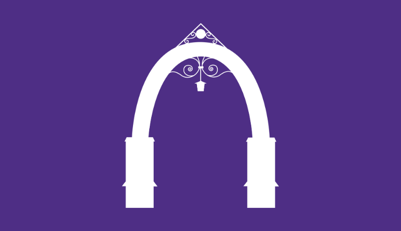 White icon of the Northwestern arch on a Northwestern purple background.