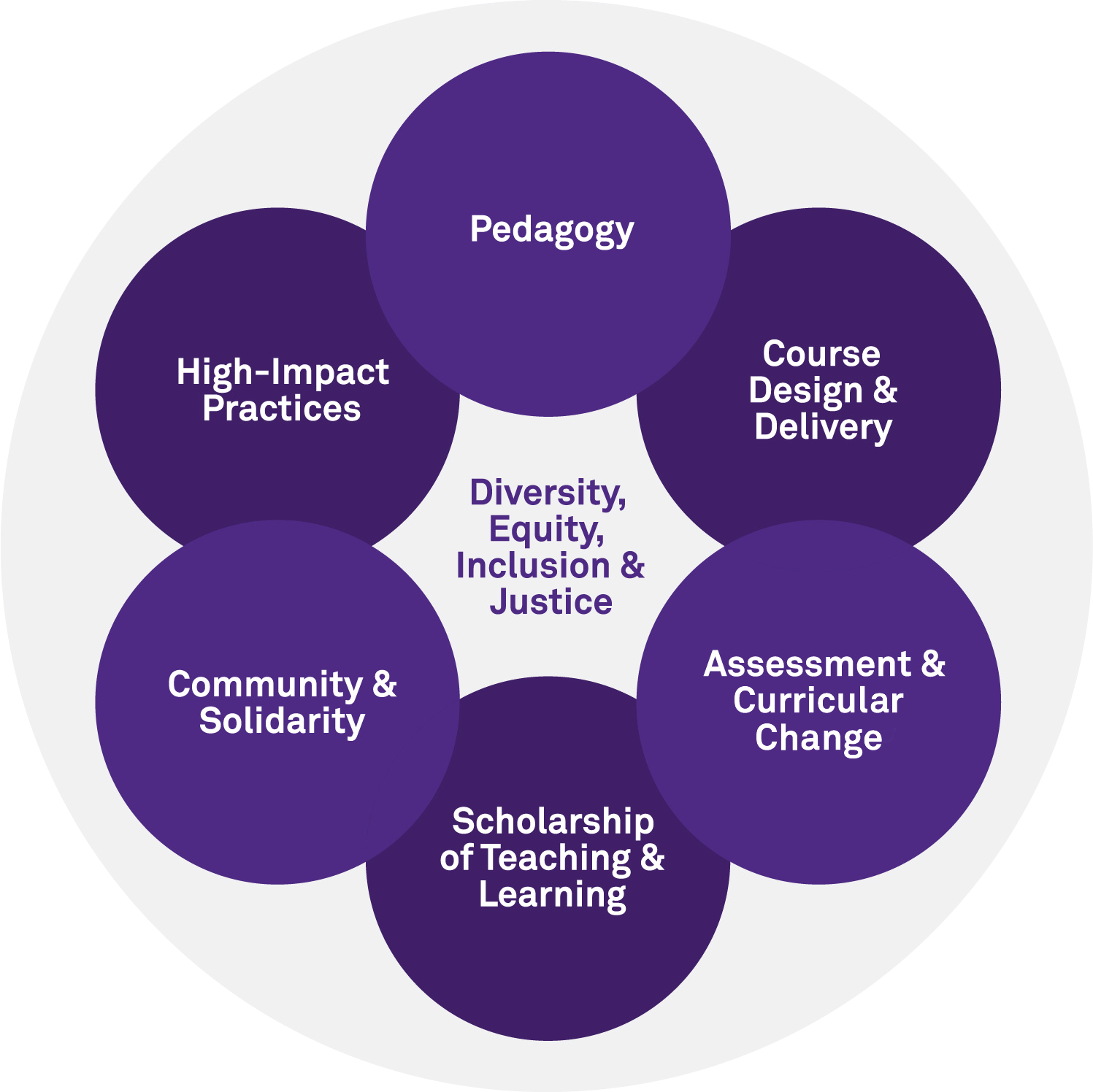 Venn diagram visualizing the connectedness of our seven focus areas. 6 circles labeled Course Design & Delivery, Community & Solidarity, Scholarship of Teaching & Learning, Pedagogy, Assessment & Curricular Change, and High-Impact Practices surround and overlap a central circle labeled Diversity, Equity, Inclusion & Justice. 