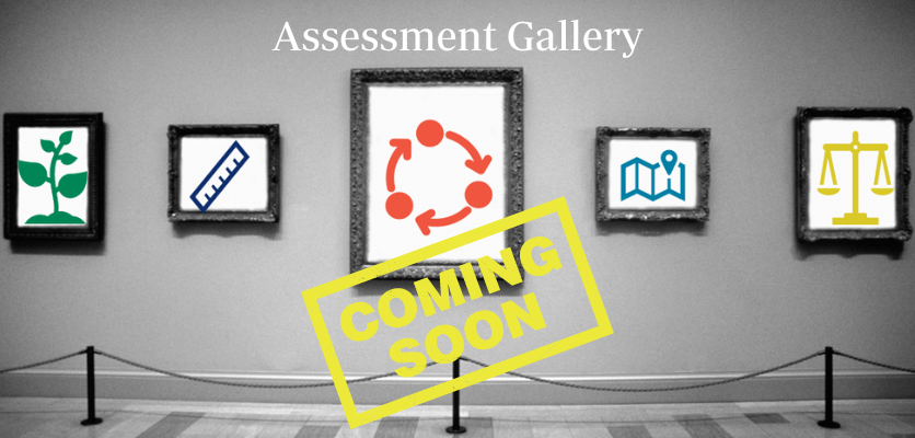 gallery with framed icons related to assessment and a sign that says "coming soon"