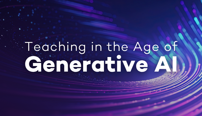 "Teaching in the Age of Generative AI" in white text on an abstract background of vibrant lines resembling digital transfer.