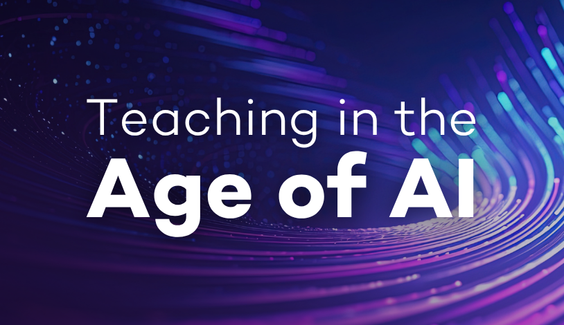 "Teaching in the Age of AI" in white text on an abstract background of vibrant lines resembling digital transfer.