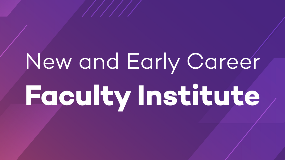 New and Early Career Faculty Institute on a gradient background transitioning from red to Northwestern purple, featuring a pattern of slashes giving a sense of forward movement.
