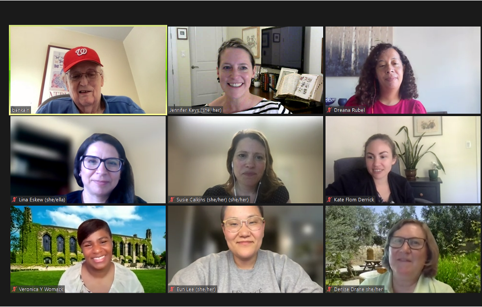 Screenshot of a Zoom meeting featuring Ken Bain and Searle Center educational developers.