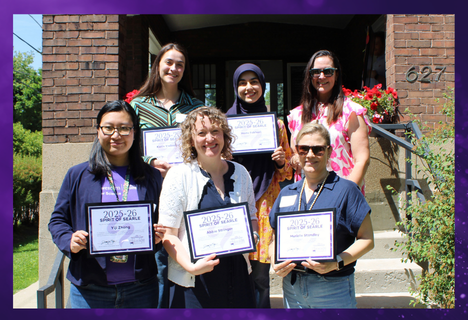Photograph of the 2026 Spirit of Searle Winners on the front steps of the Searle Center.