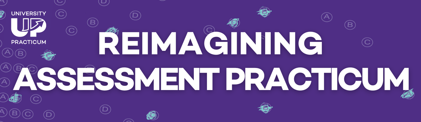 Reimagining Assessment Practicum displayed on a Northwestern purple background with overlaid images of a multiple choice assessment answer sheet, answers seemingly drifting apart and floating away to evoke a sense of change from standard grading practices.