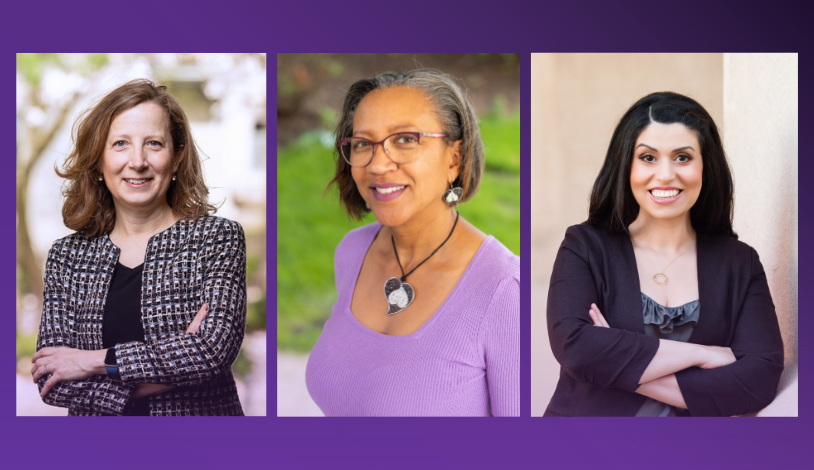 Photos of Karen Smilowitz, Lori Barcliff Baptista, and Cynthia Nazarian on a purple background.